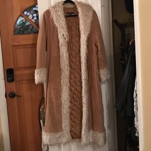 Full length leather jacket with faux fur trim