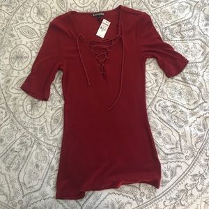 Dark red lace up top