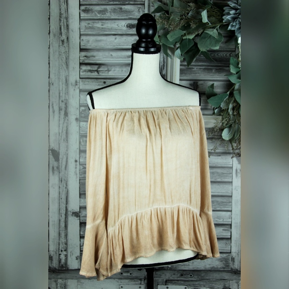 Nytt Peach Off Shoulder Bell Ruffle Sleeve Blouse - Gem