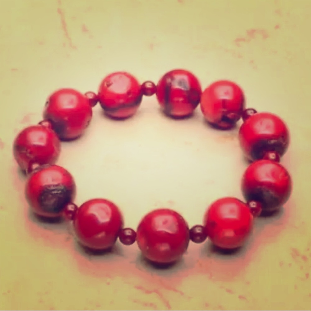 7.5" RED SEA CORAL Elastic GEMSTONE BRACELET