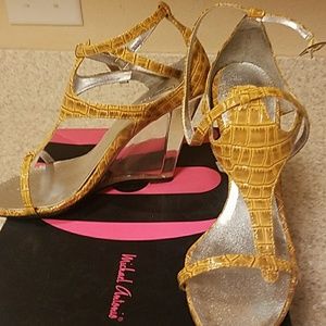 Mustard lucite heel wedge sandals