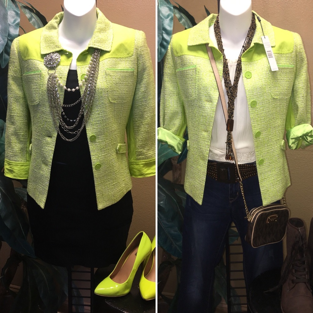 NWT $160 T. TAHARI Electric Lime Blazer, Jacket
