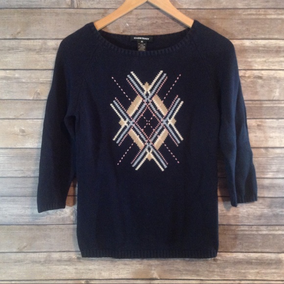 Ellen Tracy Cashmere Blend Navy Argyle Sweater - Picture 2 of 5