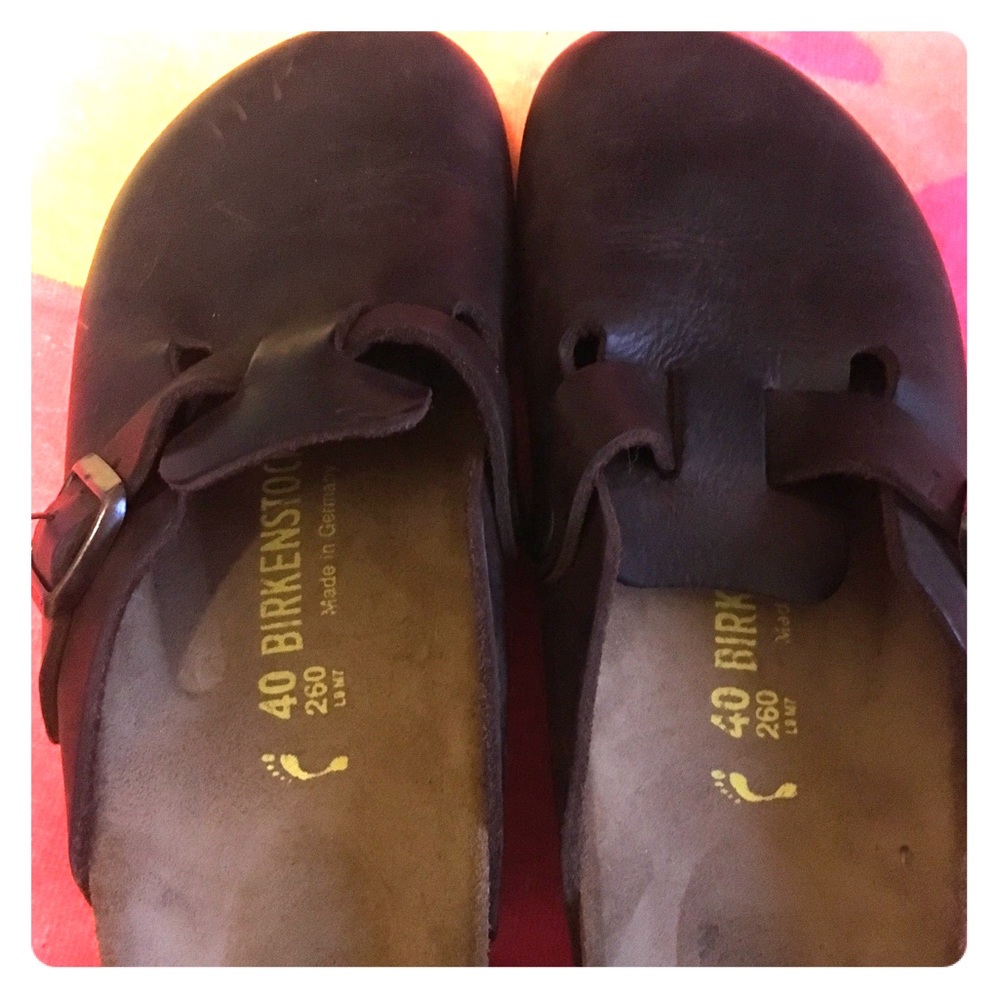 Dark brown leather Birkenstock Boston clogs