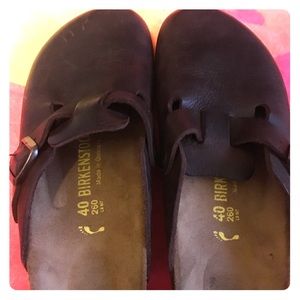 Dark brown leather Birkenstock Boston clogs