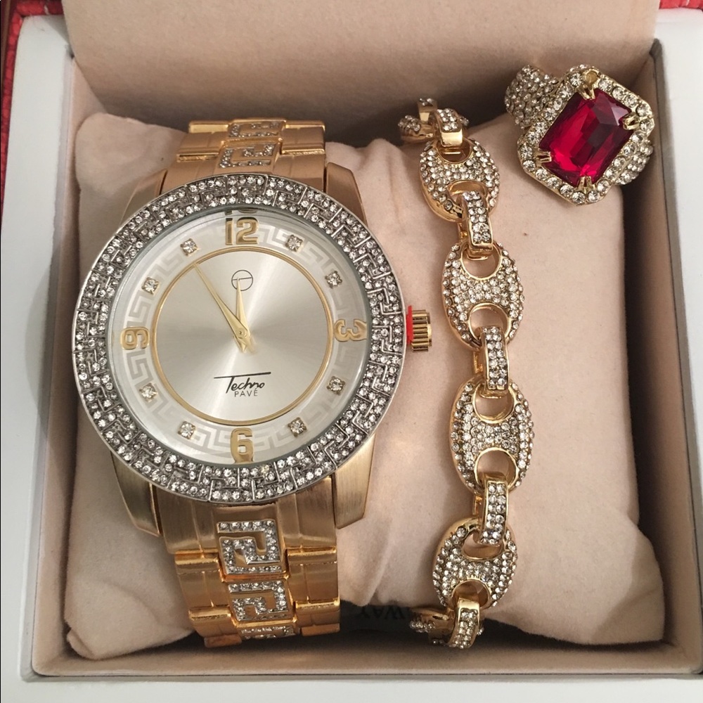 Men’s Gold Tone Luxury&Stylish Watch&Braclet&Ring