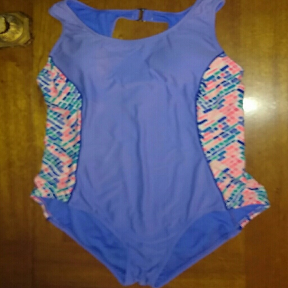 Powder puff purple bathing suit with block print