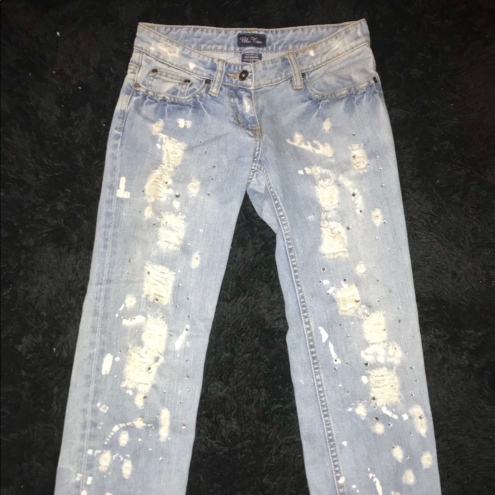 Destroyed Rhinestone Low Rise Denim Ankle Jeans XS