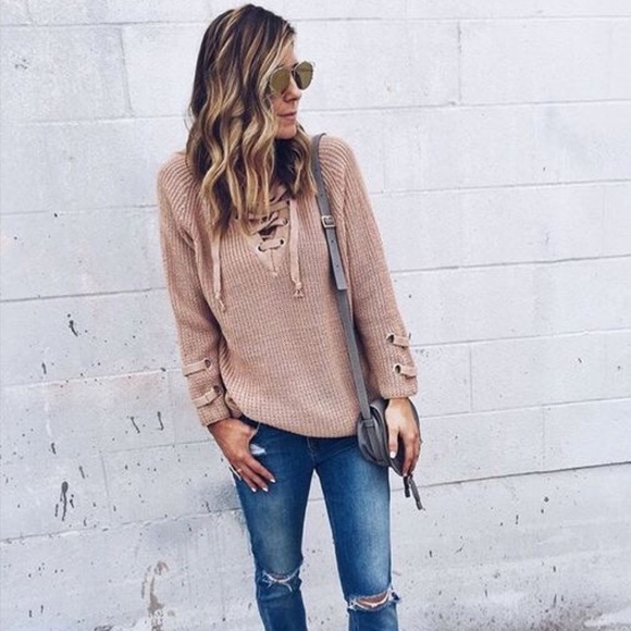 Taupe Lace-up Sweater - Picture 2 of 2