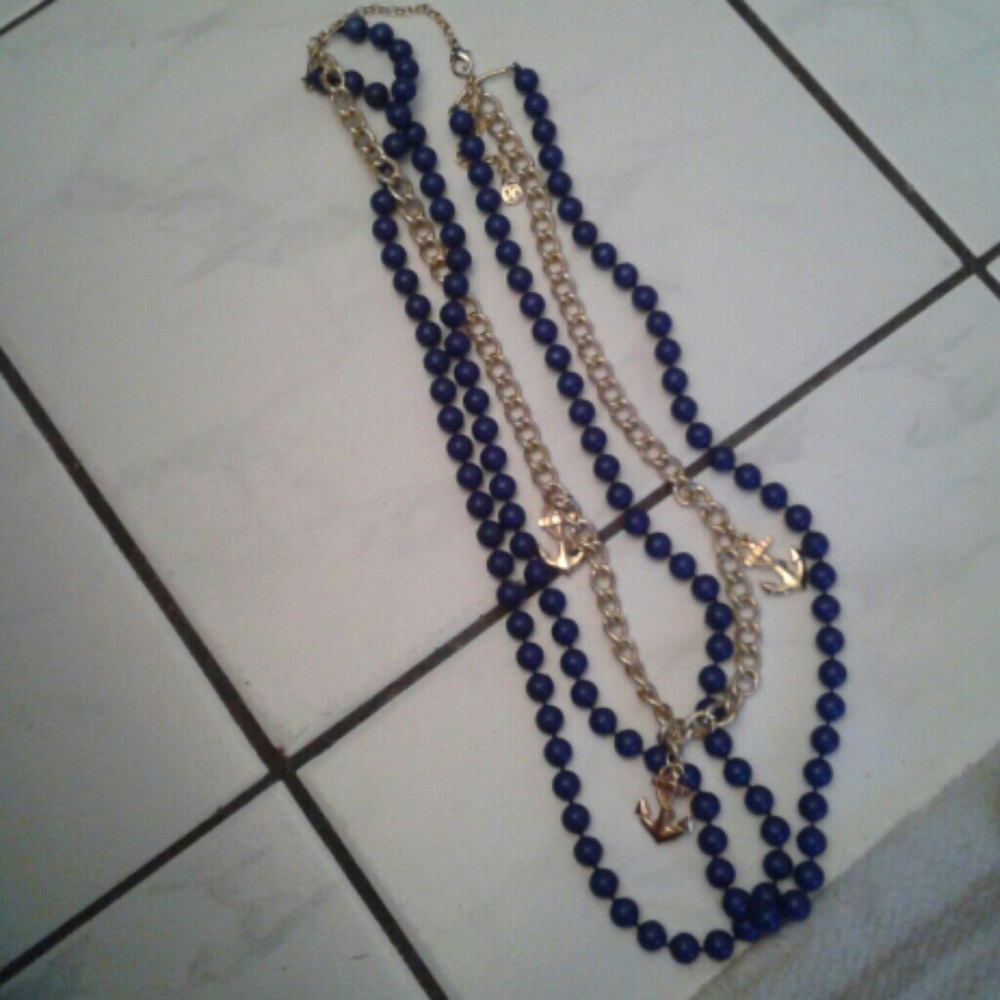 Yochi NY a blue bead & a 22k gold plated brass chain w/anchors 2 layer necklace