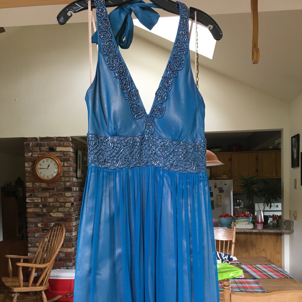 Navy beaded halter formal dress