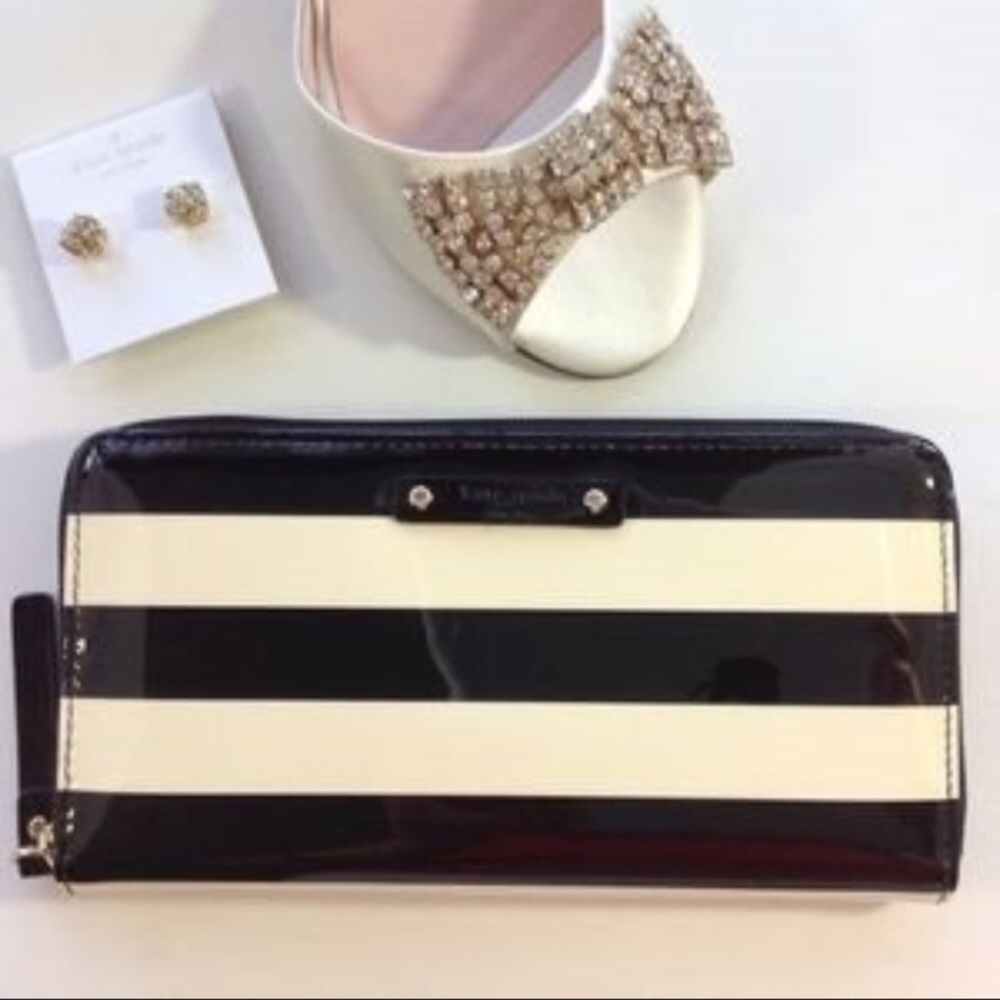 NEW KATE SPADE black cream stripe patent wallet