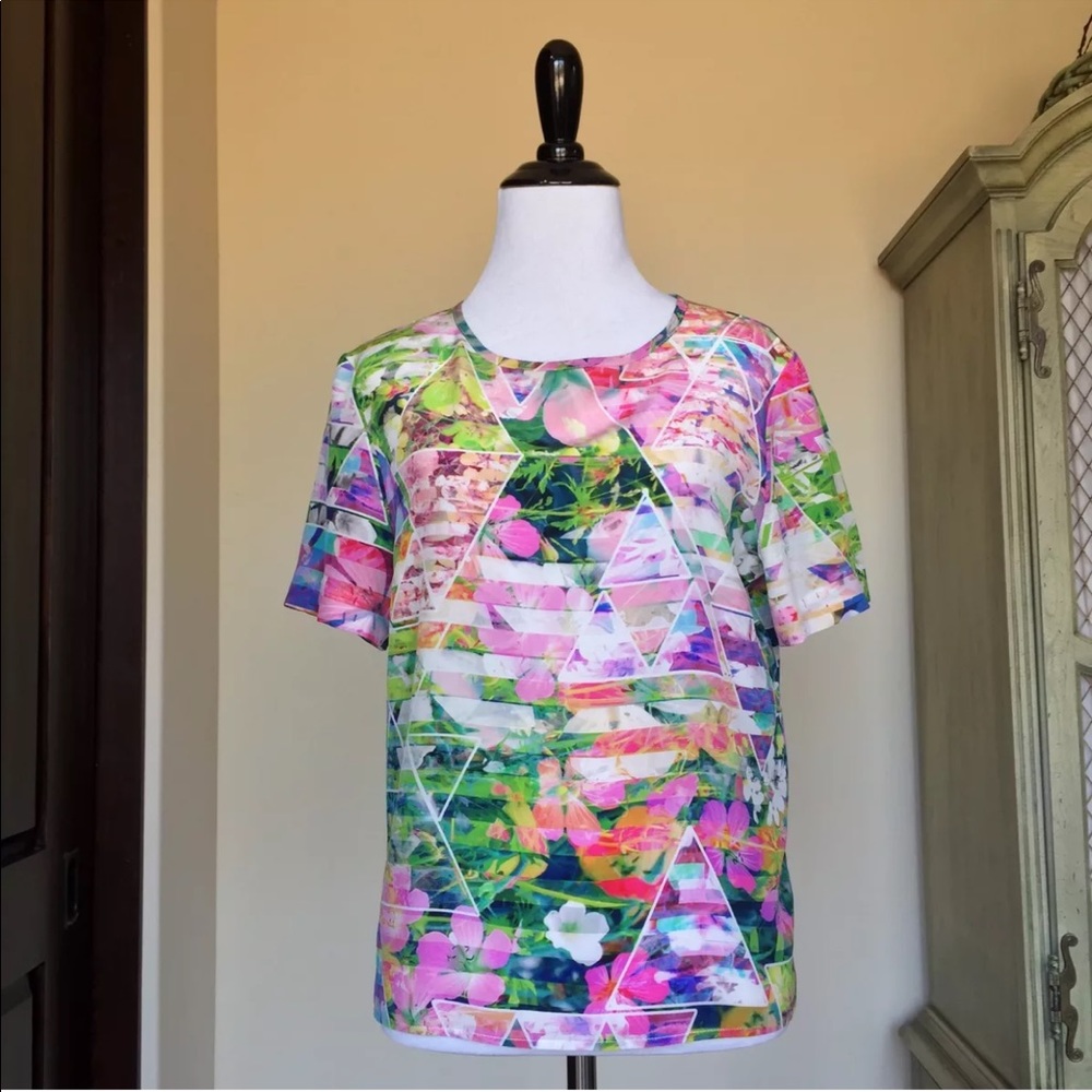 Amanda Uprichard Abstract Neon Floral Silk Blouse
