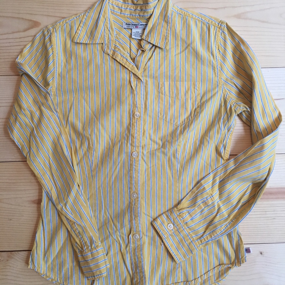 🛍Polo long sleeve yellow & navy stripe button up