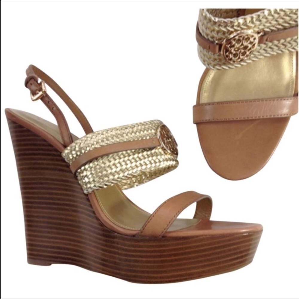 NEW COACH platform wedge sandals brown gold 41 11