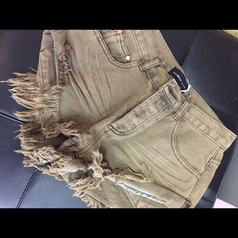 Olive Green Fringed Shorts