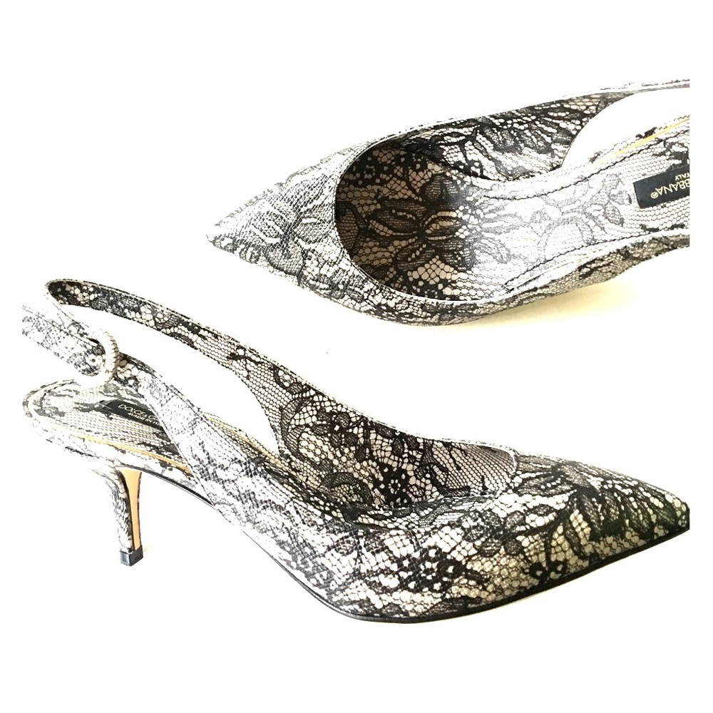 NEW DOLCE GABBANA black gray slingback lacy pumps