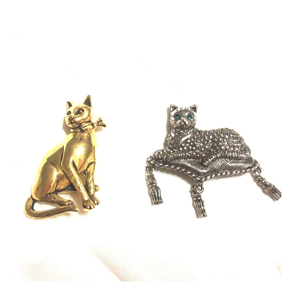 Golden And Pewter Fancy Kitty Cat Brooches