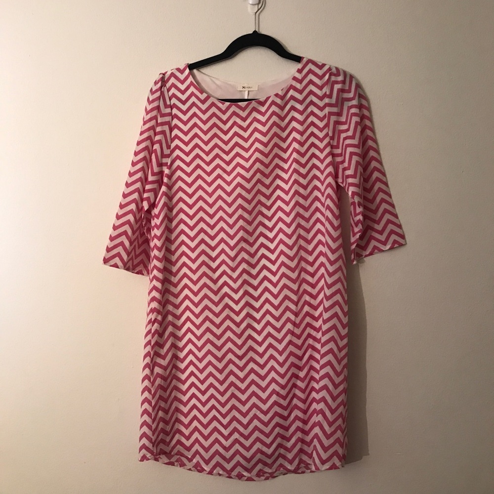 Pink and White Chevron 3/4 Sleeve Dress
