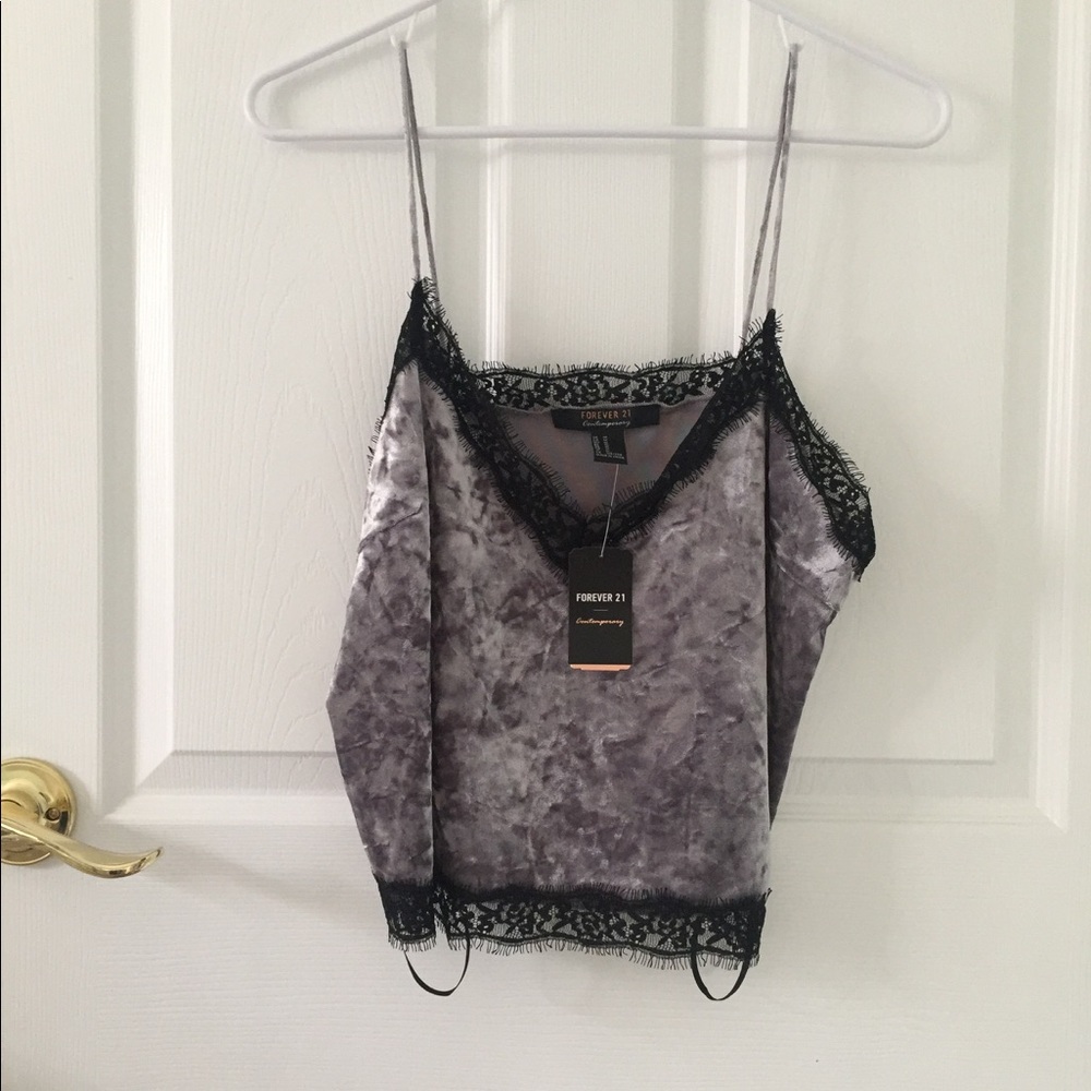 Suede tank top w/ lace detail.