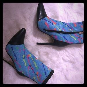 Multicolor splashed denim and leather booties