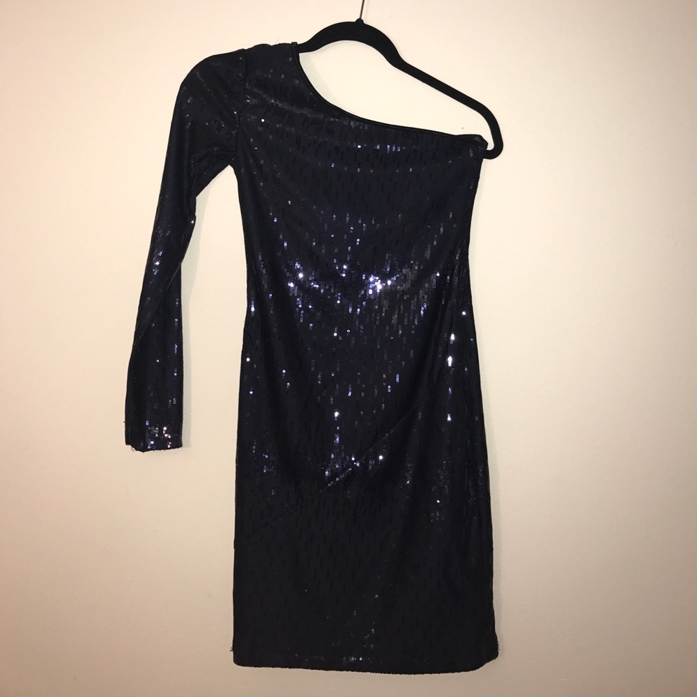 Navy Sequined 1 Sleeve body con mini dress