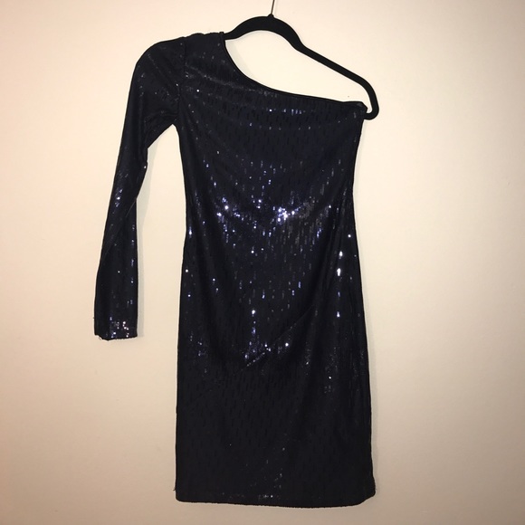 Navy Sequined 1 Sleeve body con mini dress - Picture 1 of 3