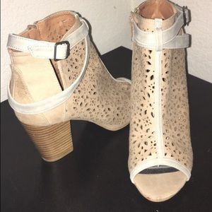 Brown suede peep toe heels