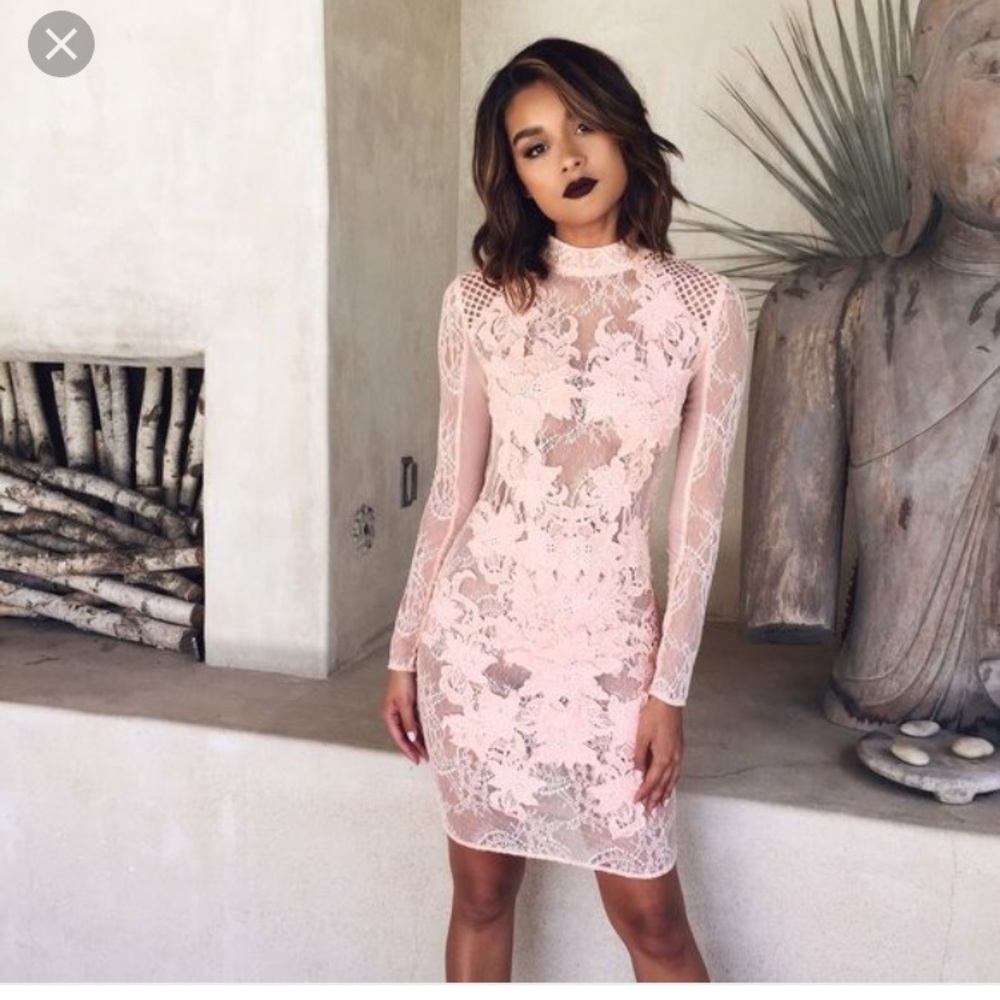 Peachy lace long sleeve see through dress