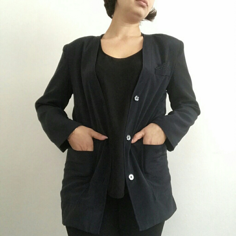 Classic Dark Blue Blazer Jacket Top With Pockets