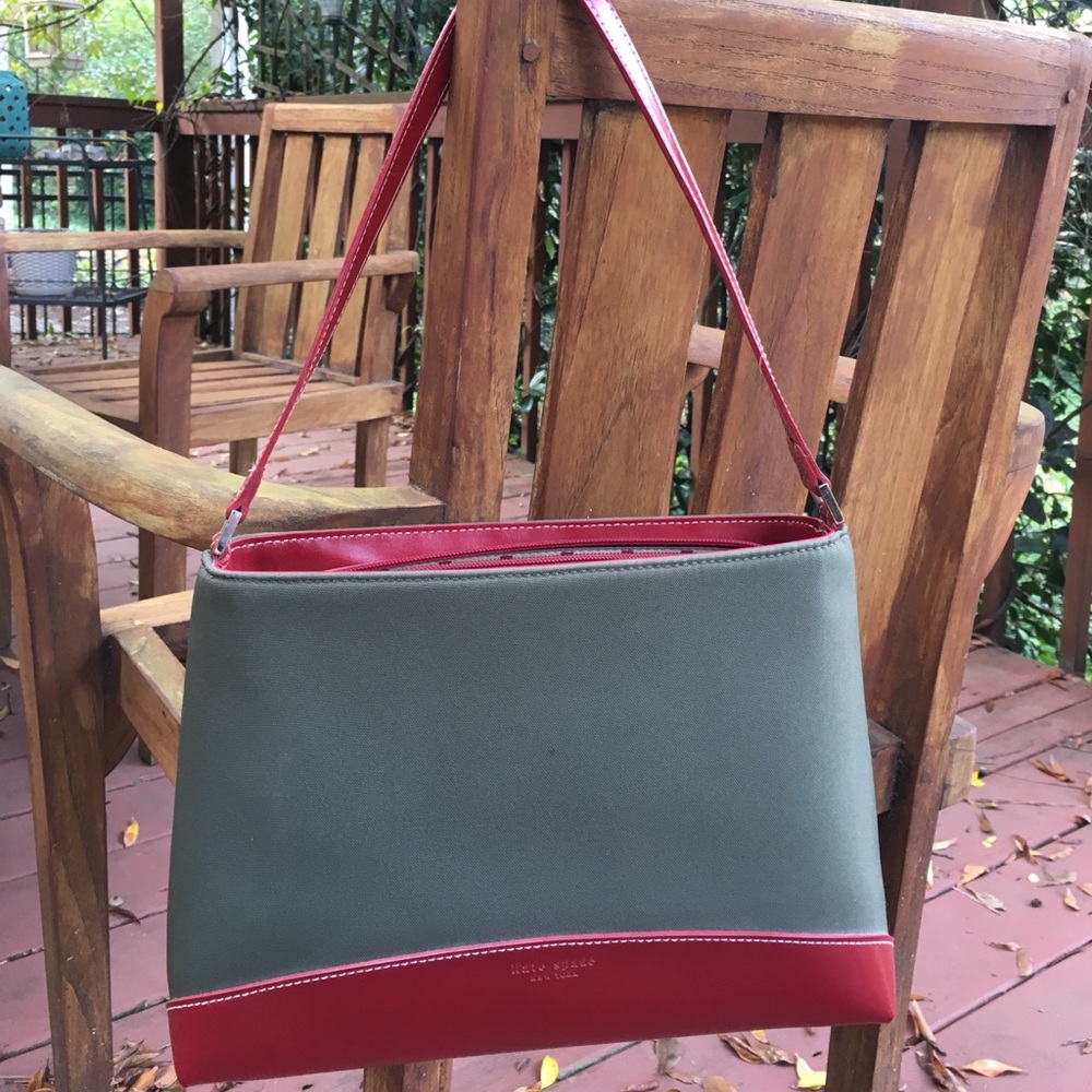 Kate Spade red leather trim and green cloth bag.