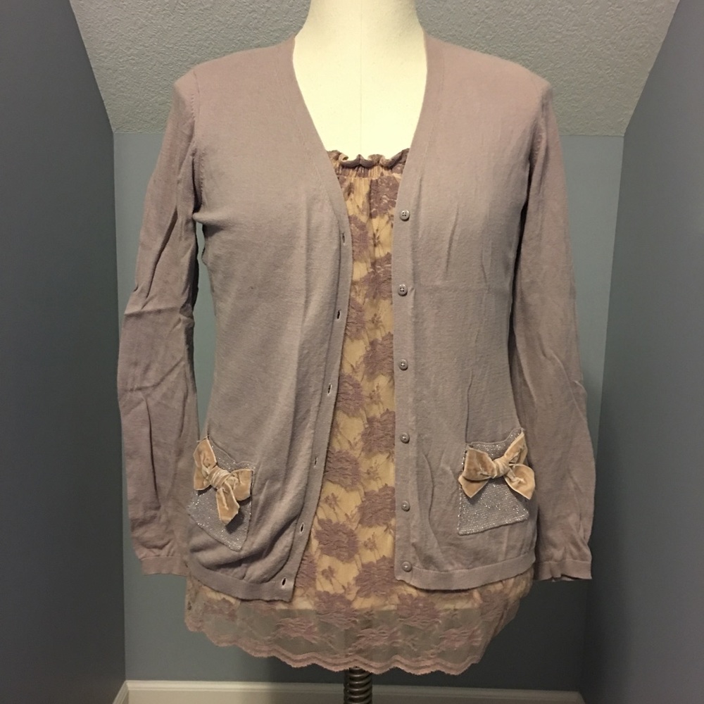CAbi purple bow cardigan lace overlay tank