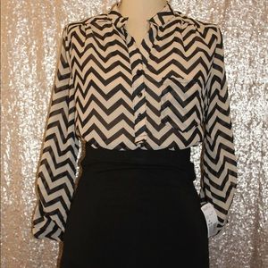 Tan and Black Chevron Long Sleeve Blouse