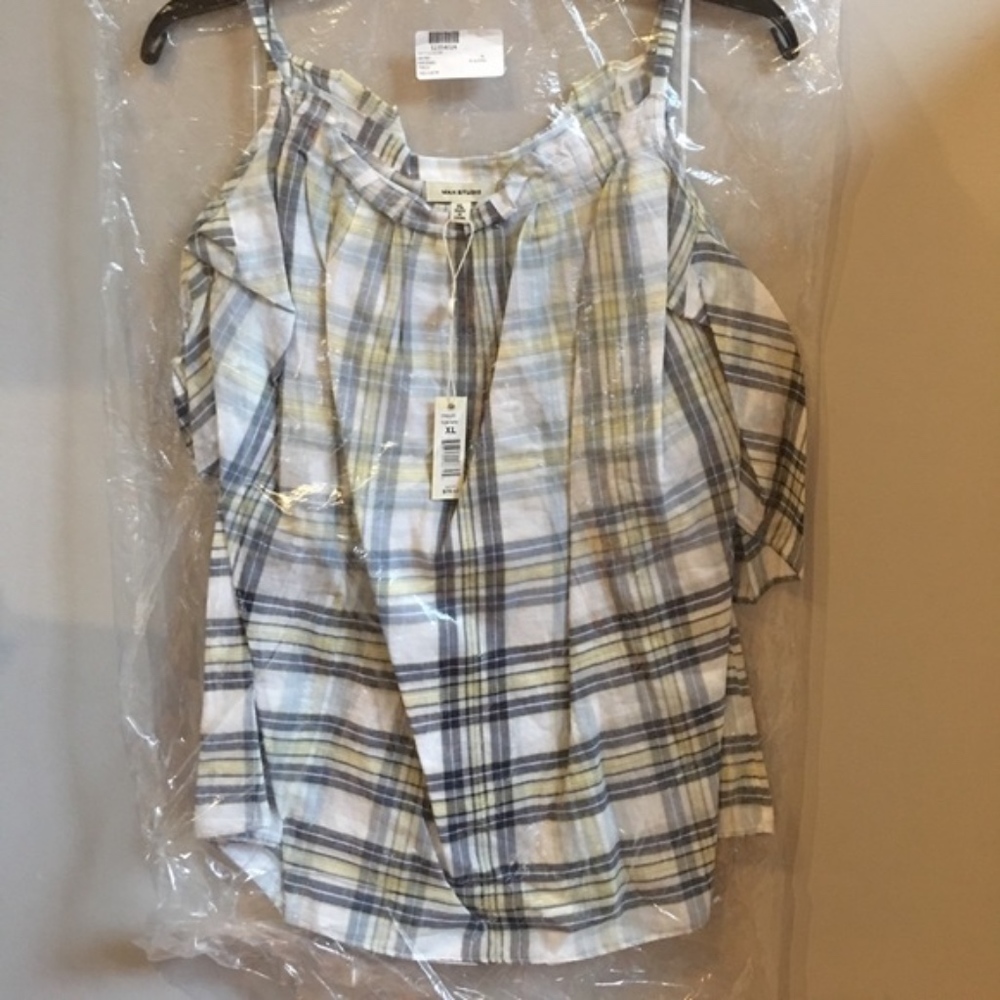 Max Studio Plaid Cold Shoulder Blouse New - Picture 5 of 6