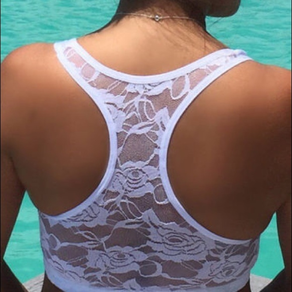White Lace Back Sports Bra Yoga Workout Top - New