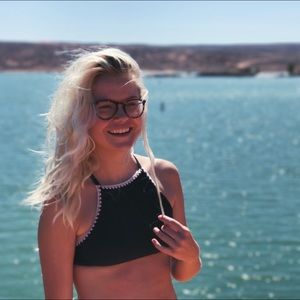 High neck swimsuit top with white stitching