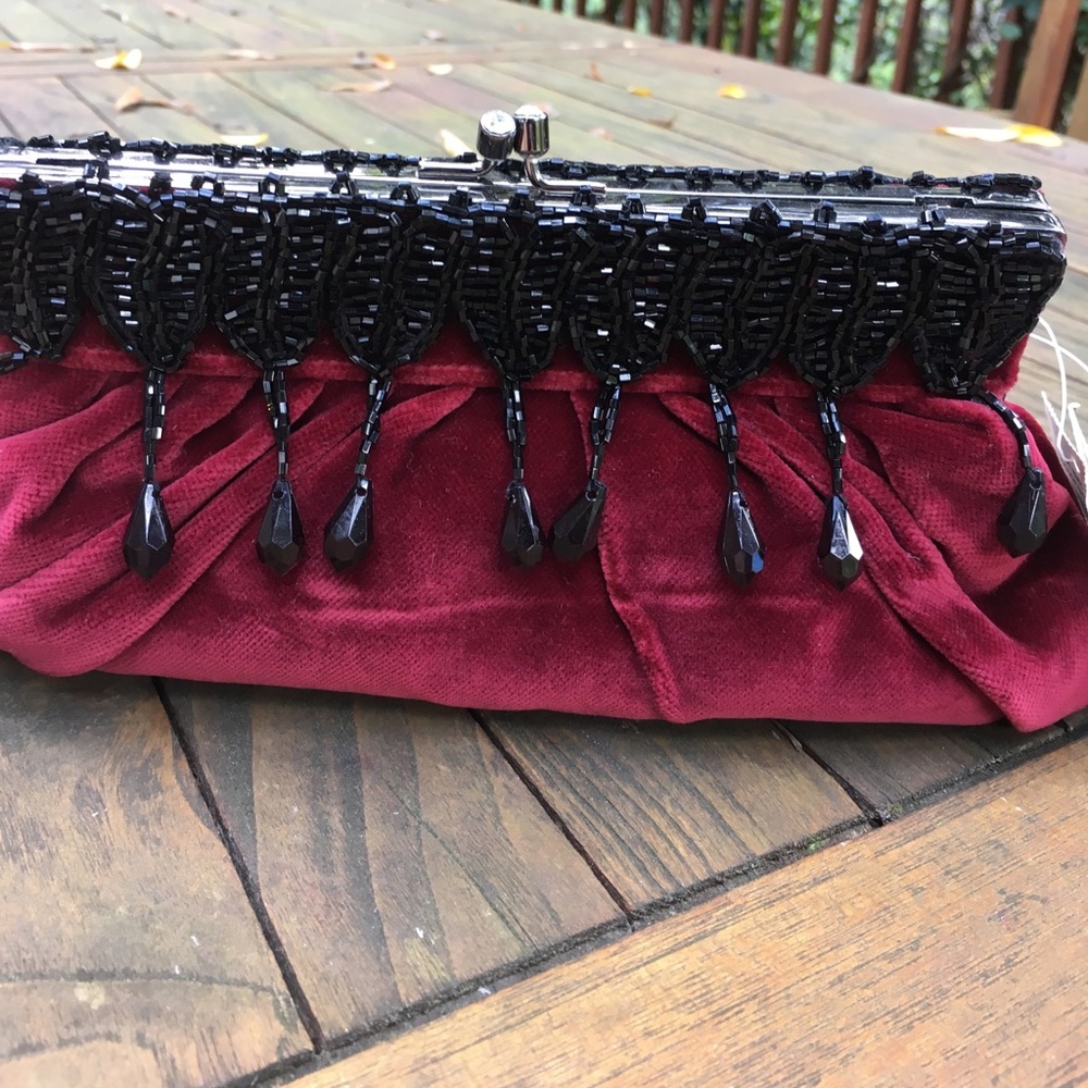 Burgundy velvet & black headed clutch or mini bag