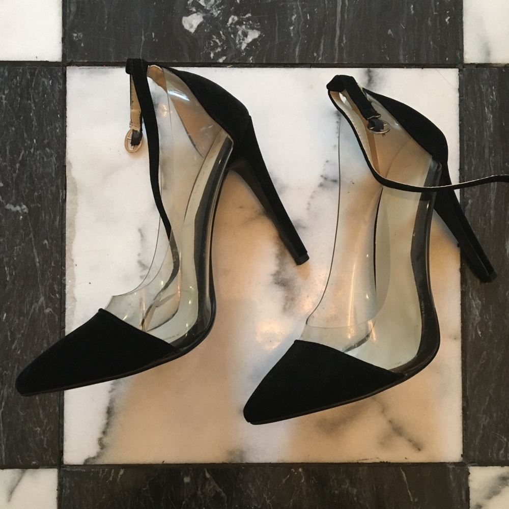 Strappy pointy toe plastic heels