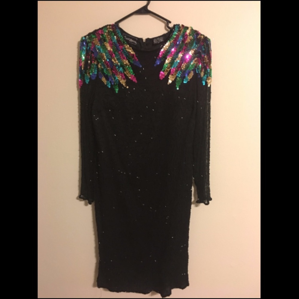 Vintage 100% Silk Beaded Rainbow Sequin Dress