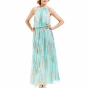 Msk Metallic-Print Pleated Blouso Gown - Aqua/Gold