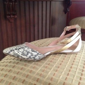 Black beige and gold ankle strap flat shoe.