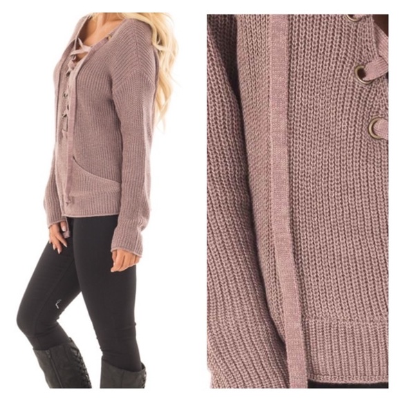 ‼️LAST ONE‼️ROSE MOCHA LACE UP SURPLICE SWEATER - Picture 2 of 2