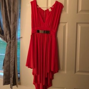 Coral zip up dress with gold belt