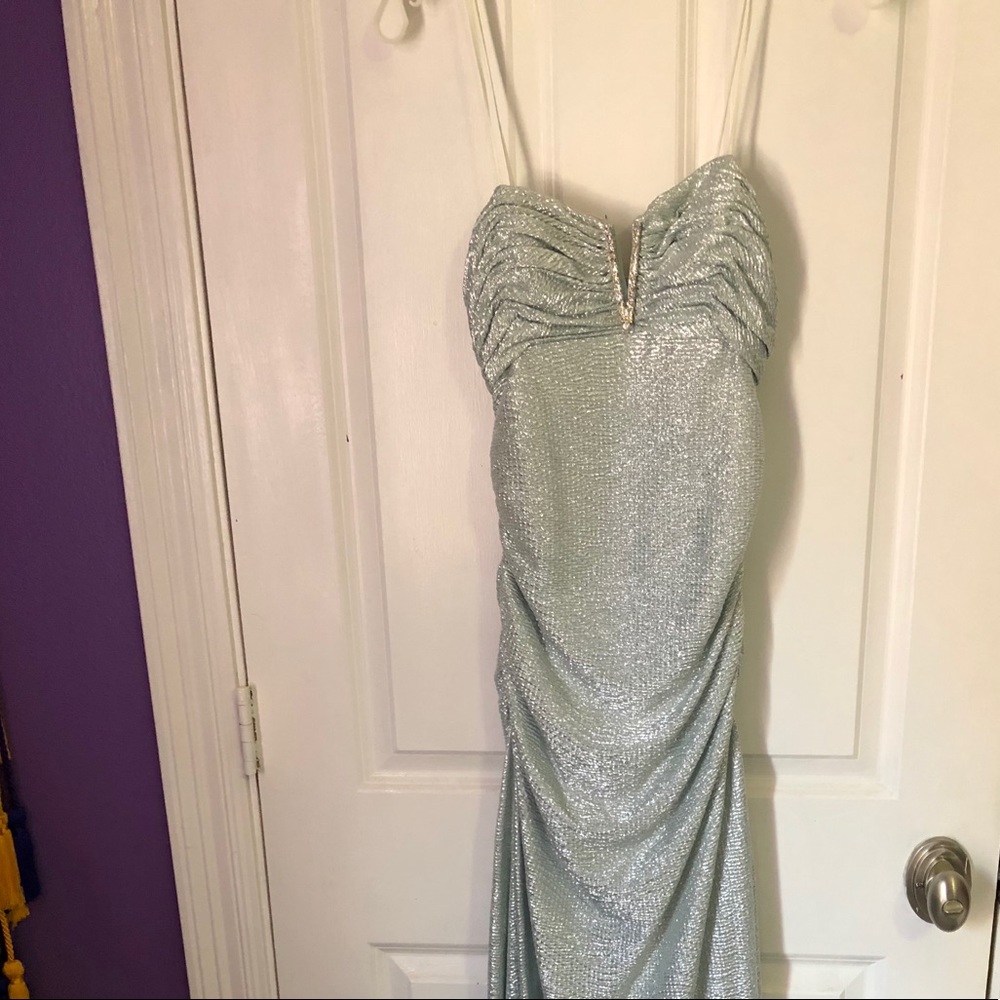 Mint green and silver strapless formal dress
