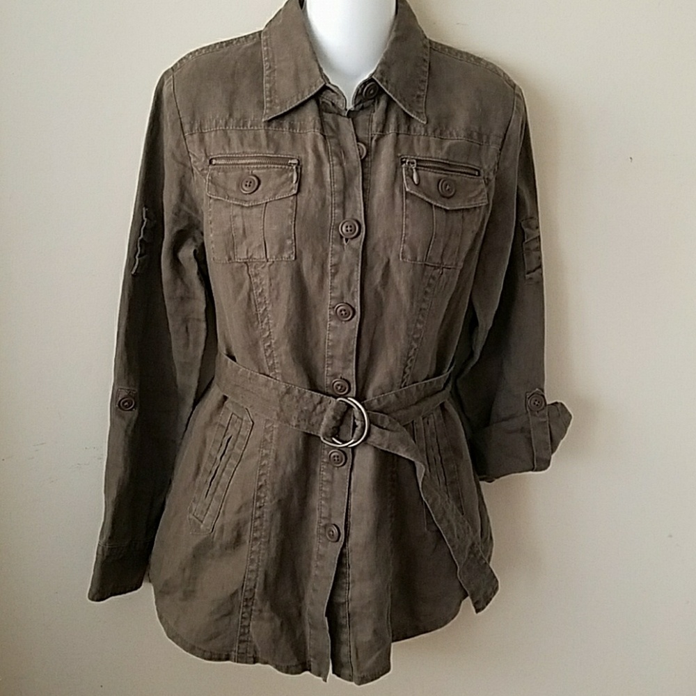 Cabi brown linen shirt jacket military style