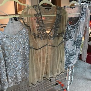 Trio of sparkling tops in grey n beige Size L NWOT