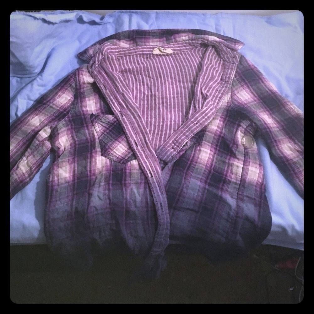 Purple and white plaid shirt