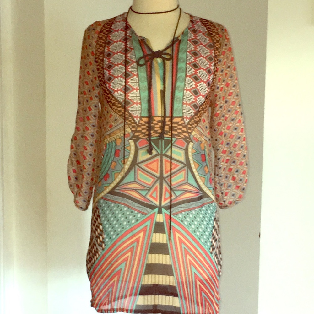 Boho Colorful Sheer Geometric Print Dress Size S