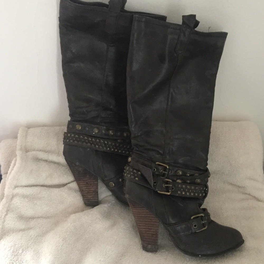 Brown heeled studded knee high boots
