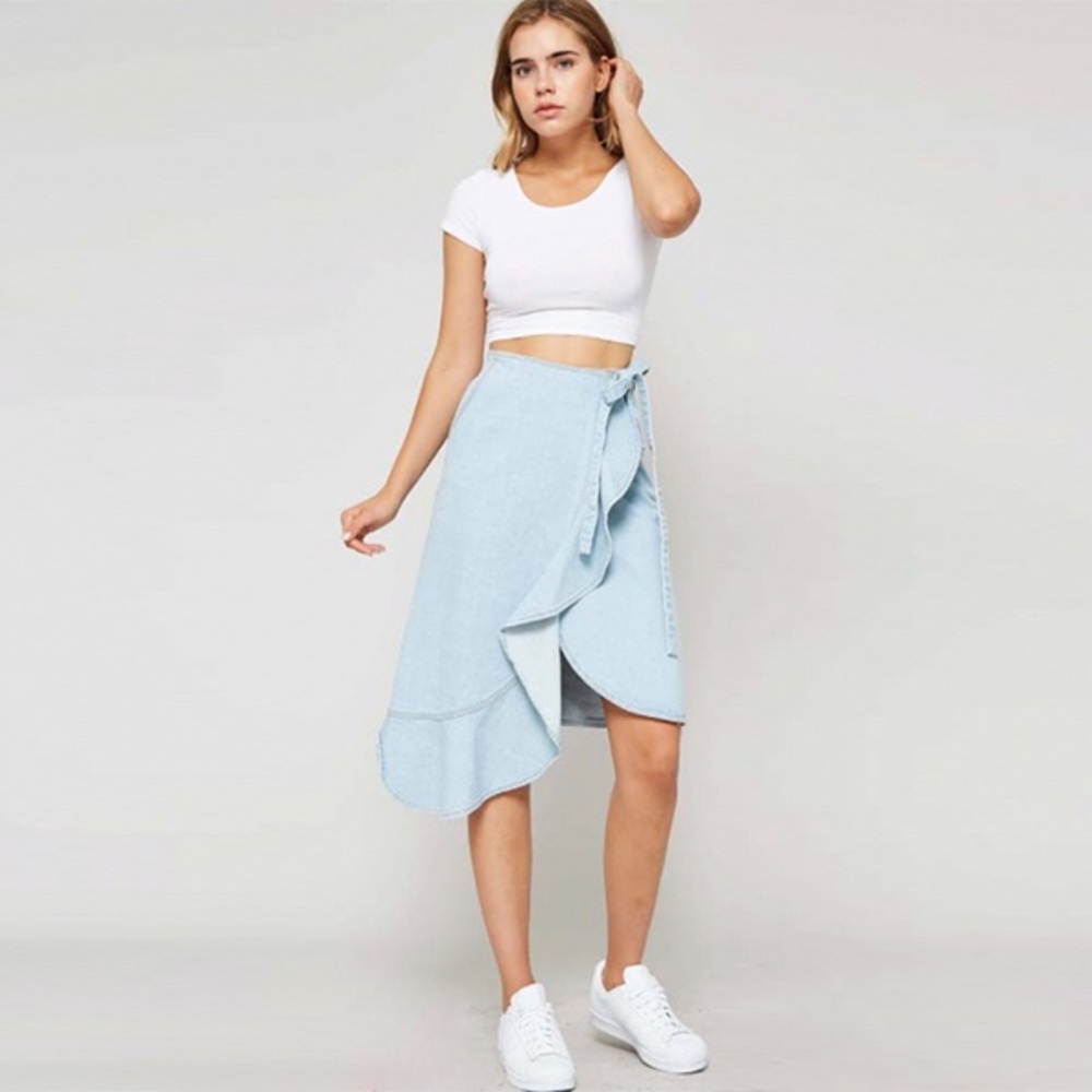 Pre-order. Denim wrap asymmetrical hem skirt.